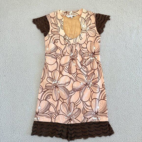 Trina Turk Dress Pink Brown Floral Silk Lace Sleeve Lined Mod Retro - Picture 1 of 11